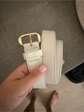 Cream Leather Belt with Gold Buckle - Women's Fashion Accessory